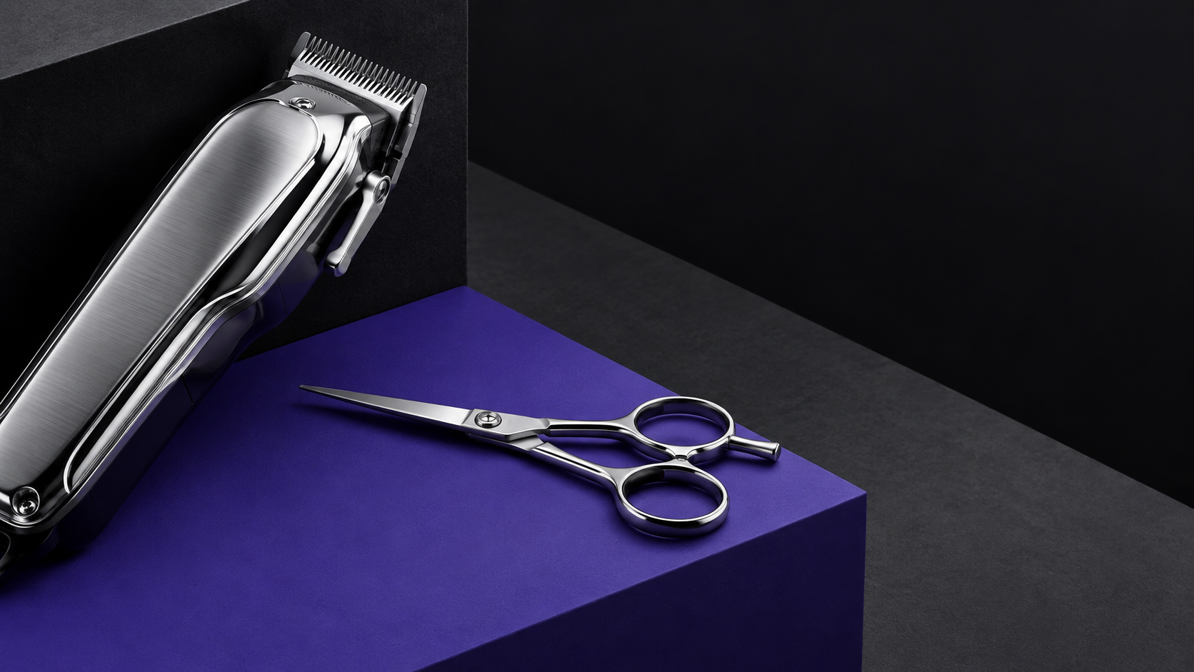 Illustrative still life of an unbranded chrome barber clipper on a violet studio plinth